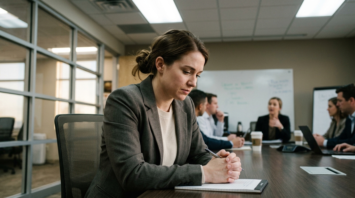 Woman showing tension during workplace meeting