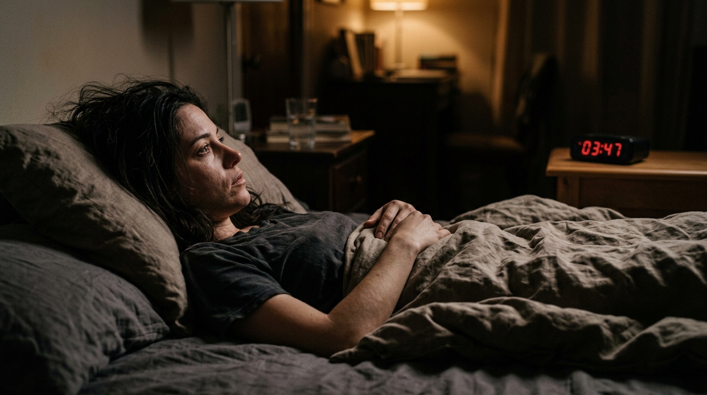 Woman lying awake with work stress insomnia