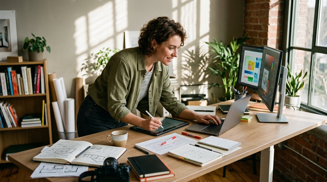 Woman working with natural focused energy patterns