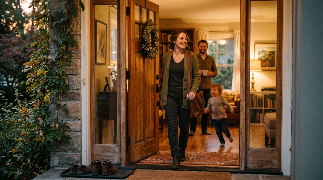 Woman arriving home relaxed after balanced workday