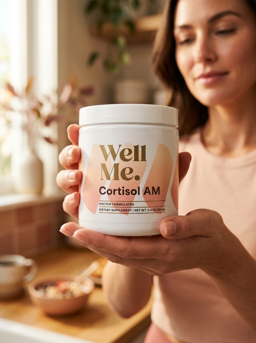 Cortisol AM supplement bottle held by woman