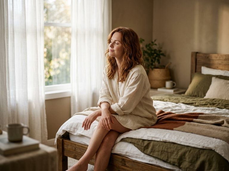 woman peaceful morning bedroom soft light
