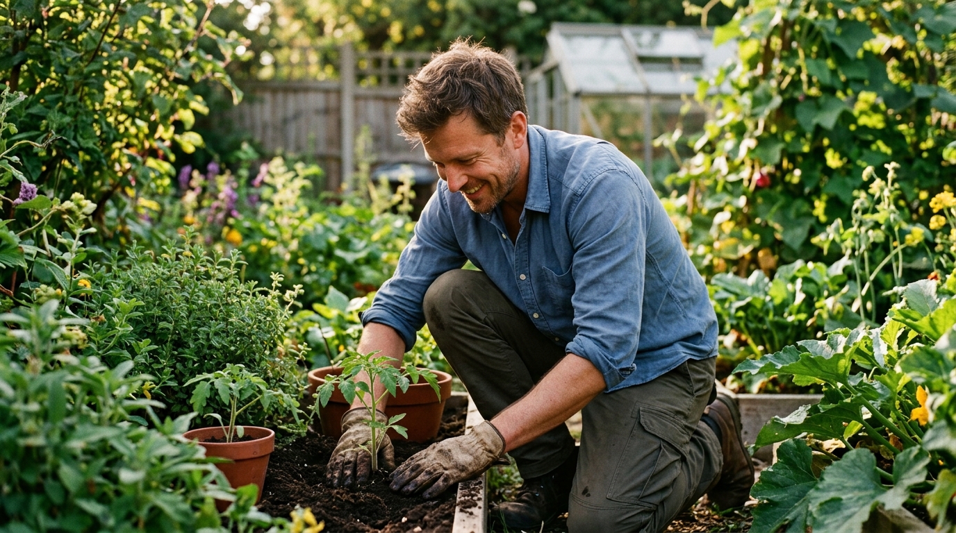man gardening with energy and focus outdoors