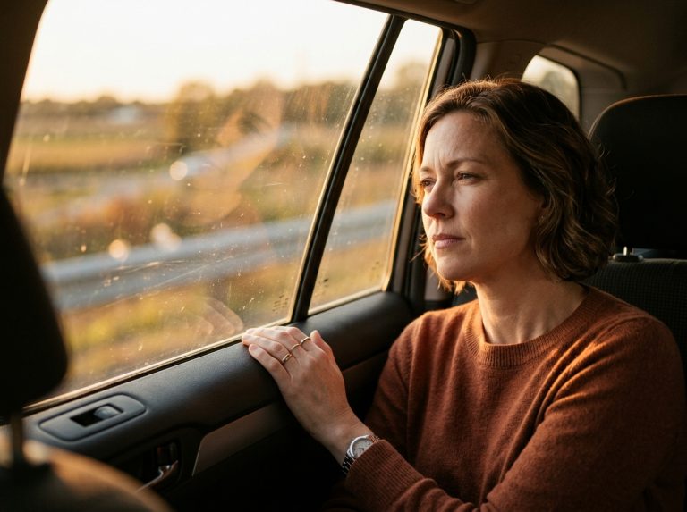 woman looking thoughtfully out car window golden hour