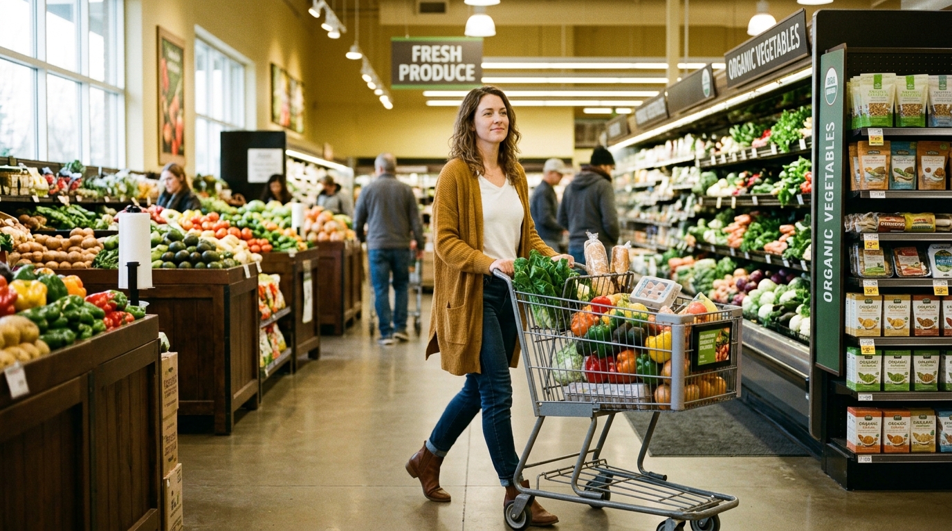 woman shopping confidently for anxiety-supporting foods