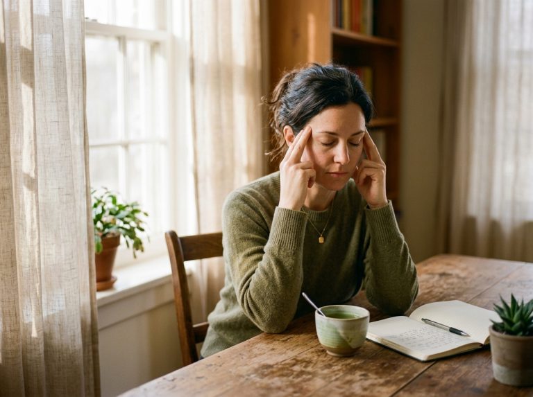 woman with brain fog touching temples at desk