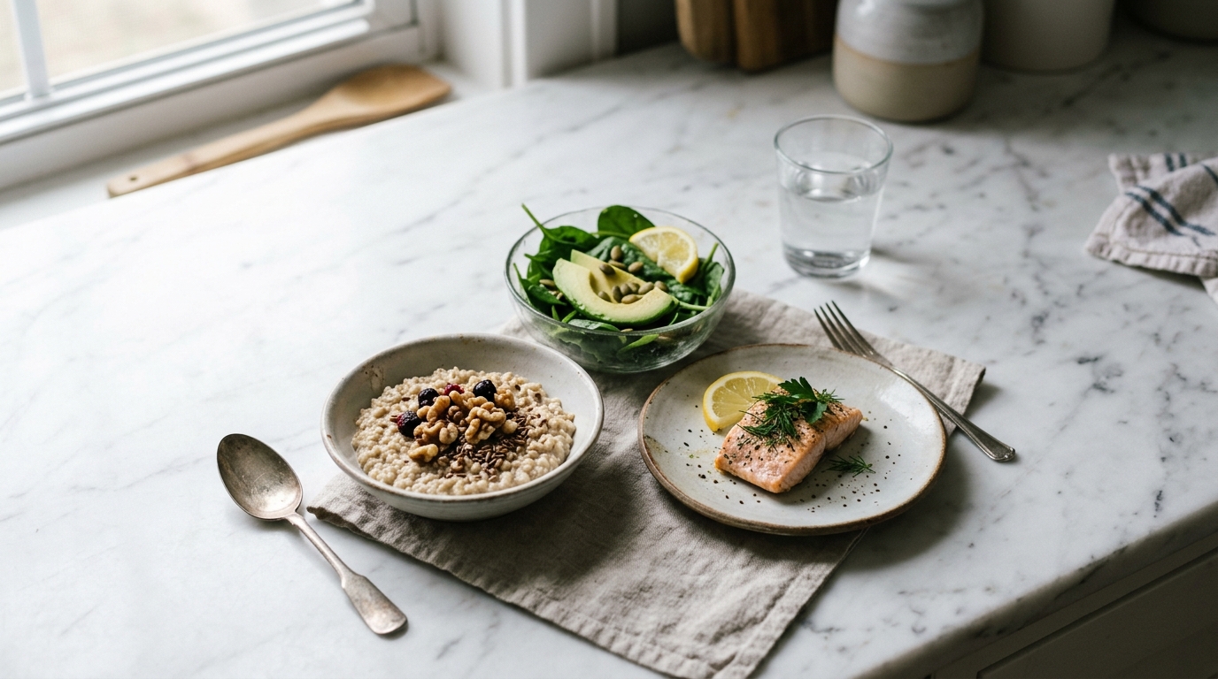healthy anti inflammatory foods on counter overhead view
