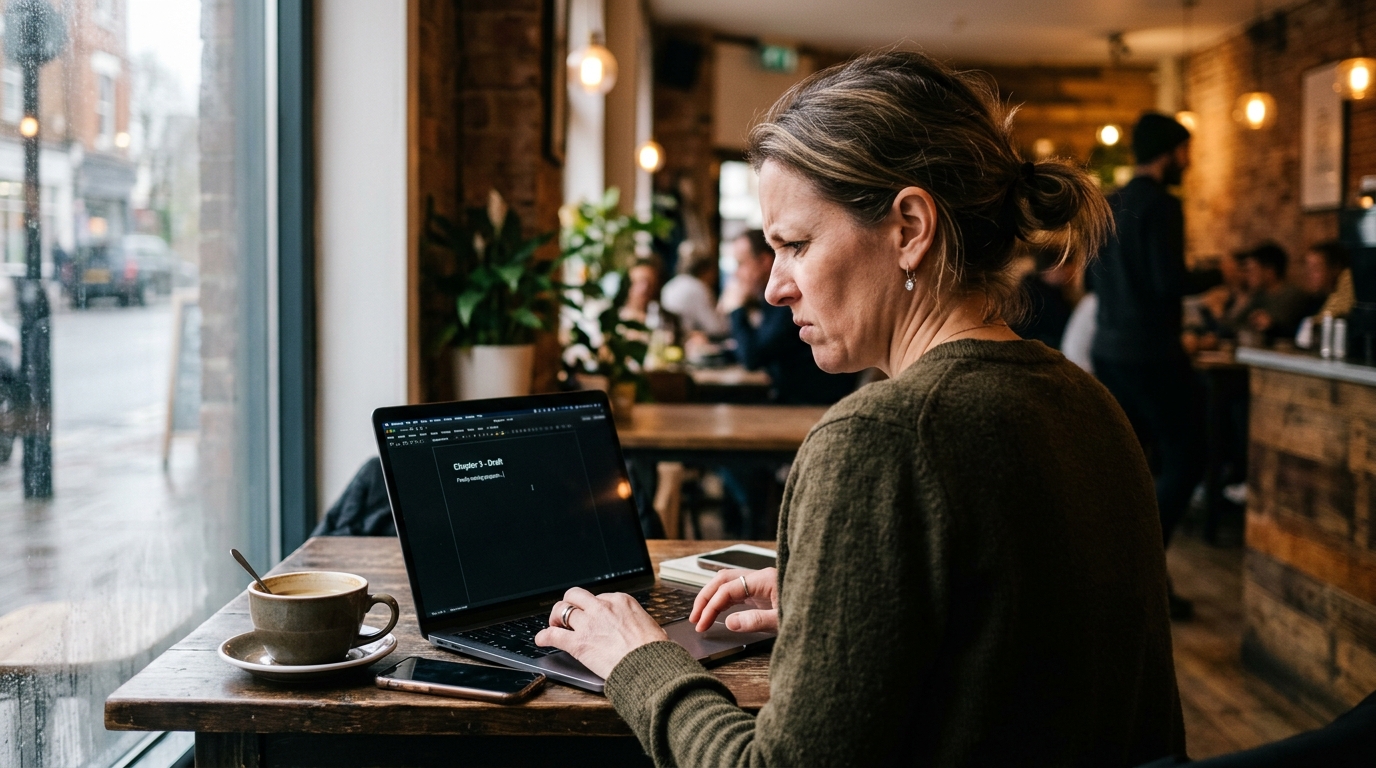 woman struggling to focus at laptop in cafe
