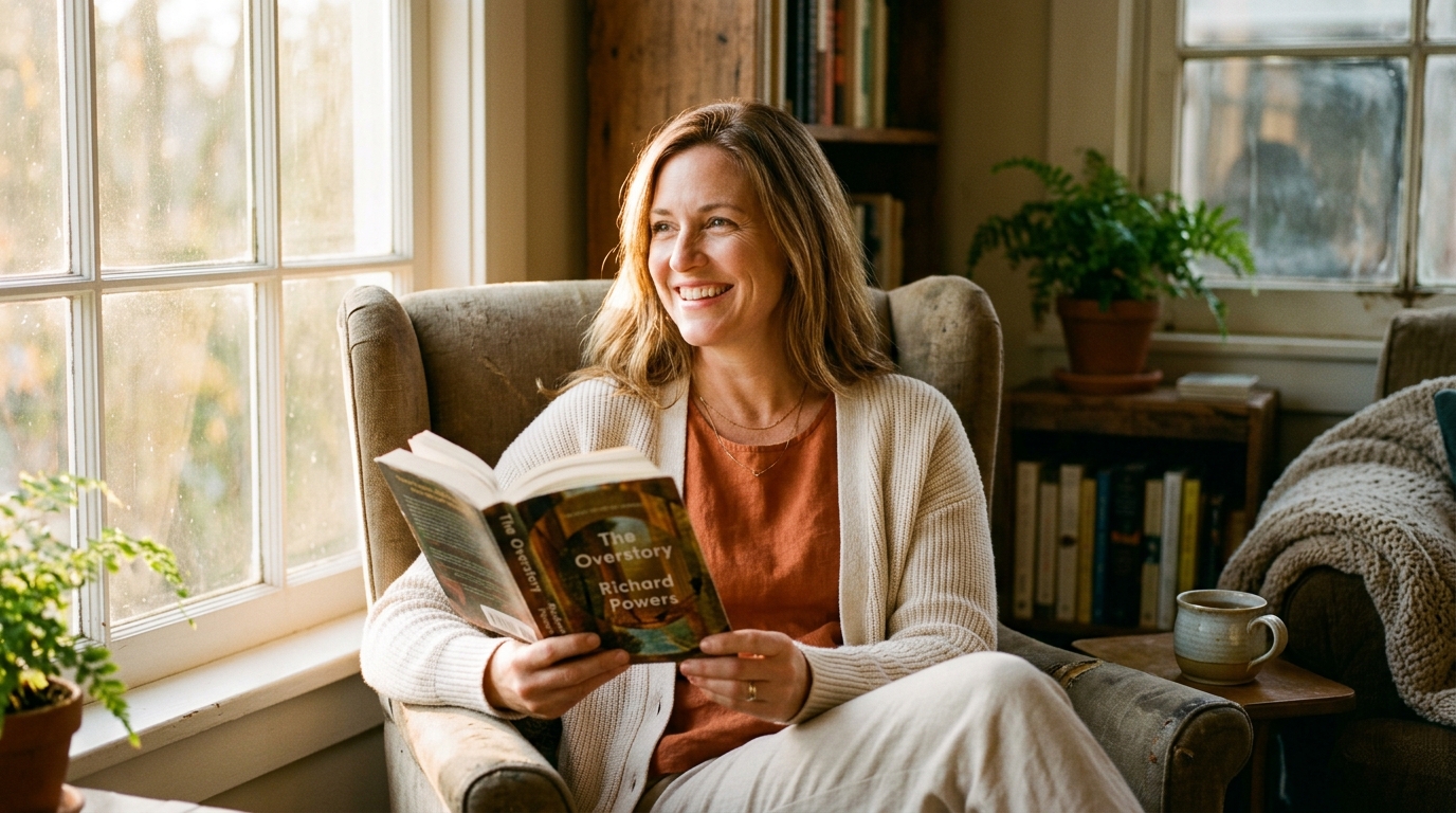 woman reading peacefully in afternoon sunlight