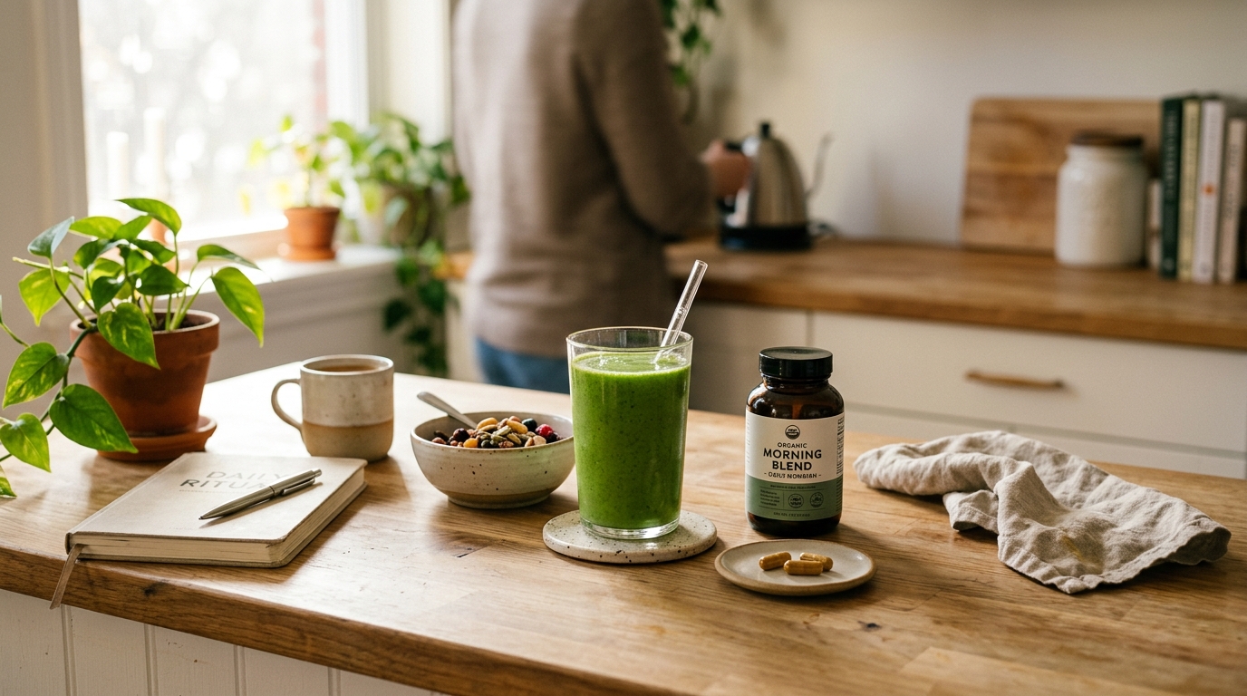 morning breakfast routine with smoothie and supplement