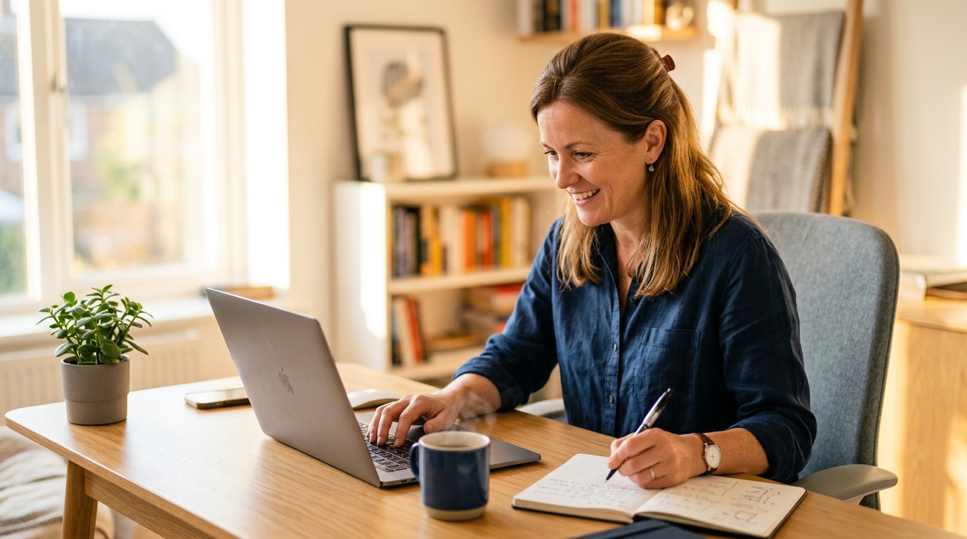 woman working productively in late afternoon light