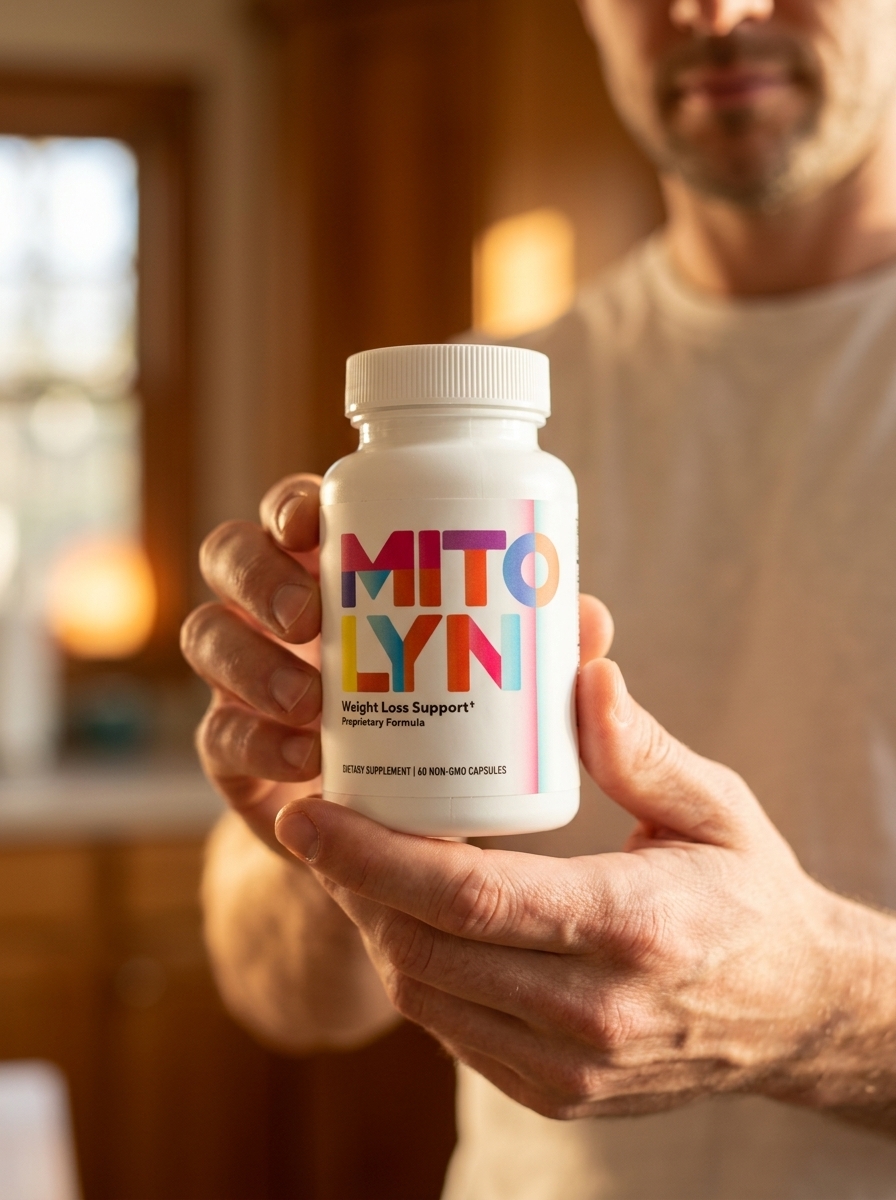 Mitolyn mitochondrial support supplement bottle held confidently