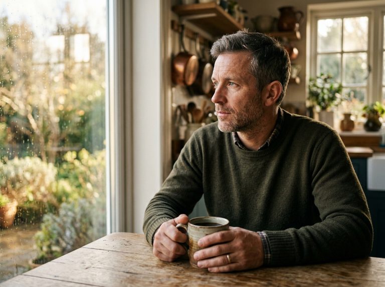 man contemplating morning routine with thoughtful expression