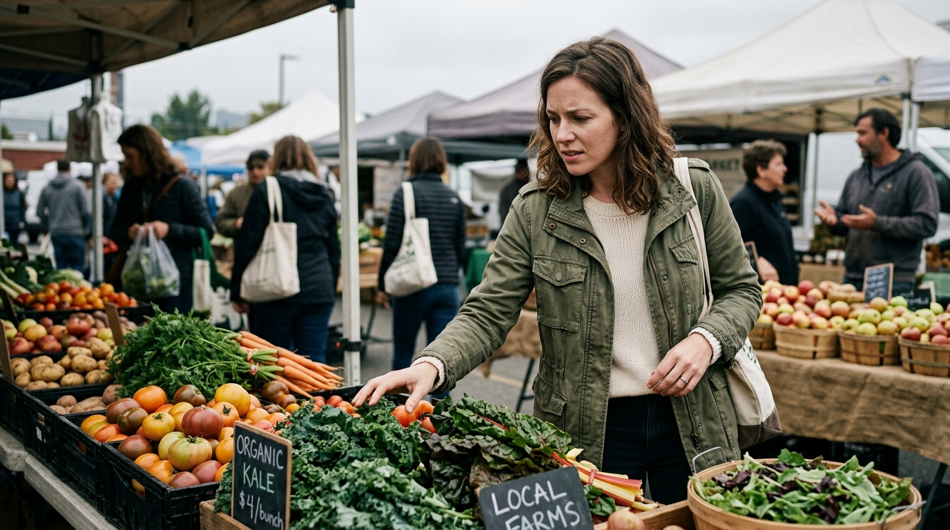 woman shopping for organic vegetables at farmers market