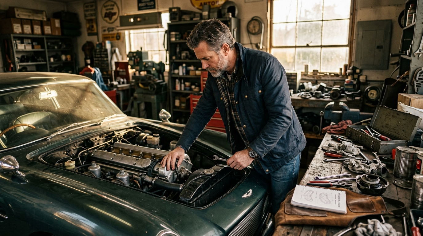 man examining car engine like a careful mechanic