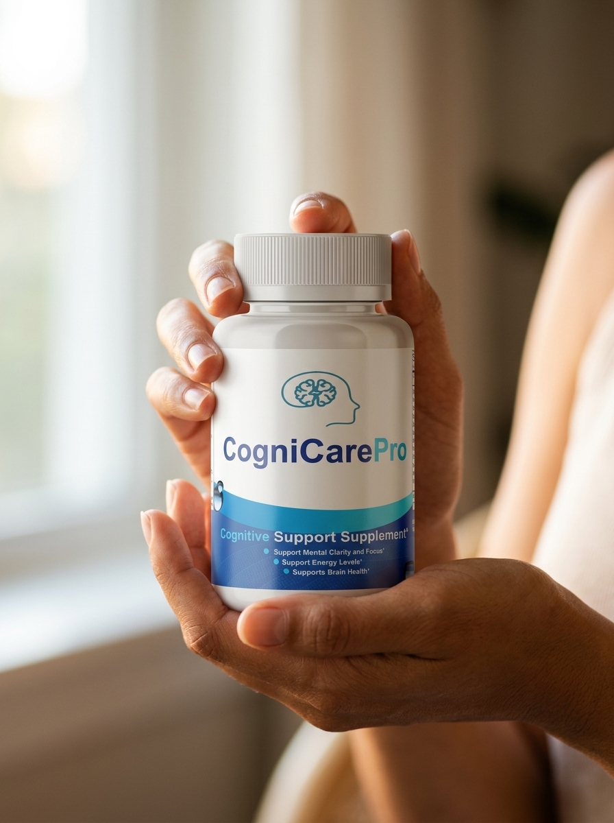 CogniCare Pro brain supplement bottle held confidently