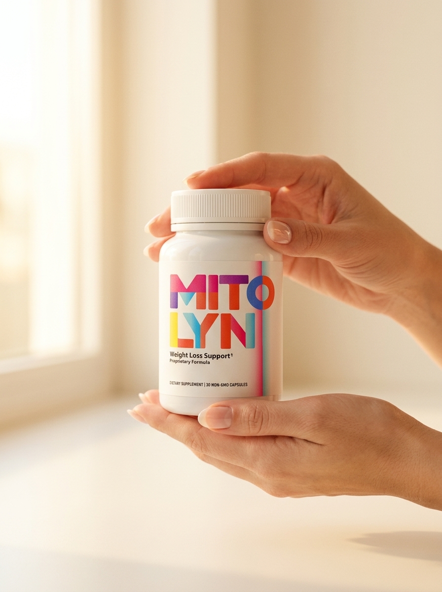 Mitolyn mitochondrial support supplement bottle held carefully