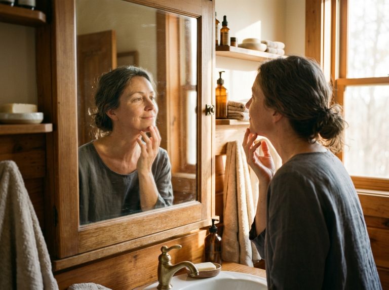 woman examining skin in mirror natural light