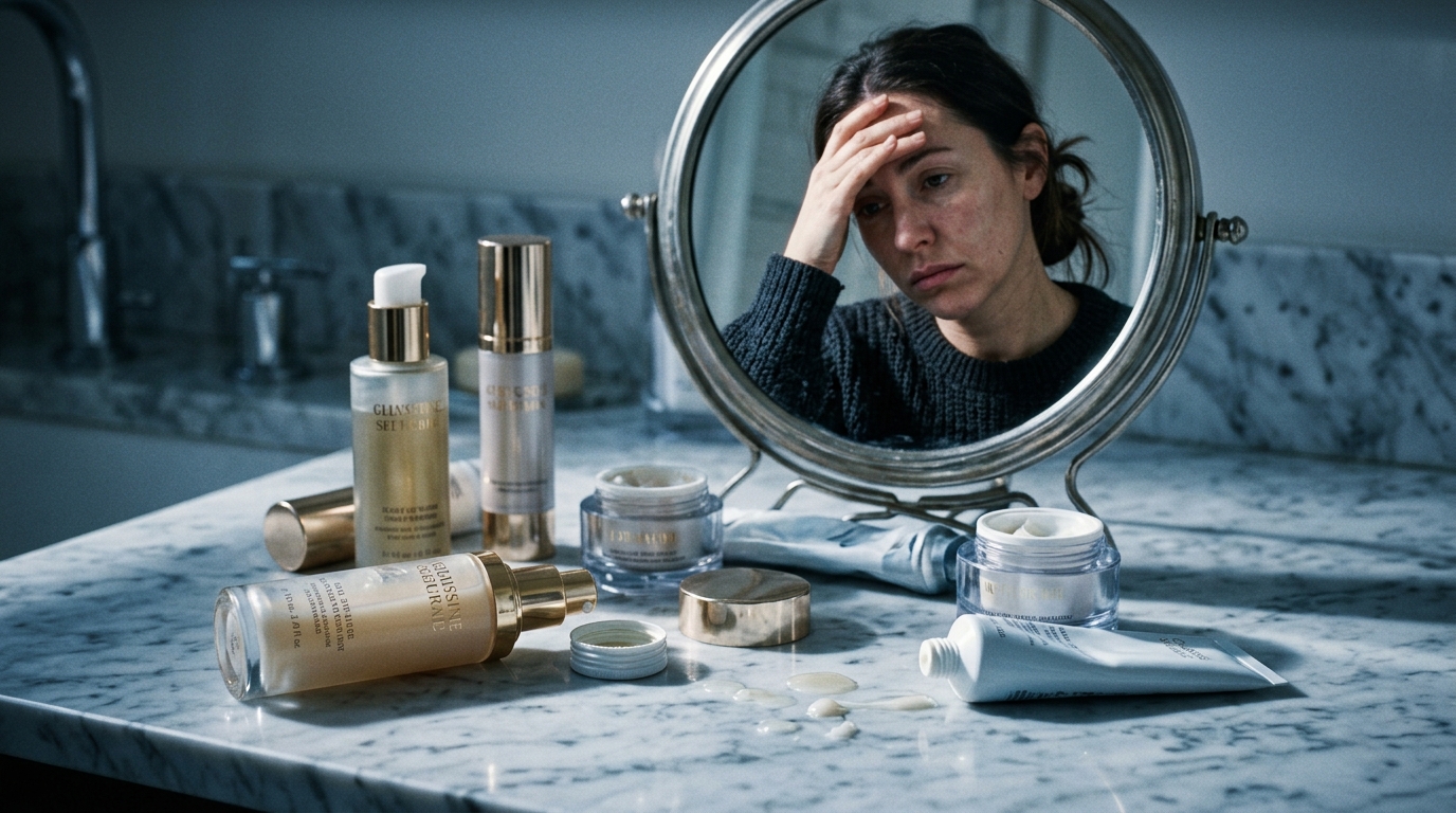 expensive skincare products scattered showing surface limitations