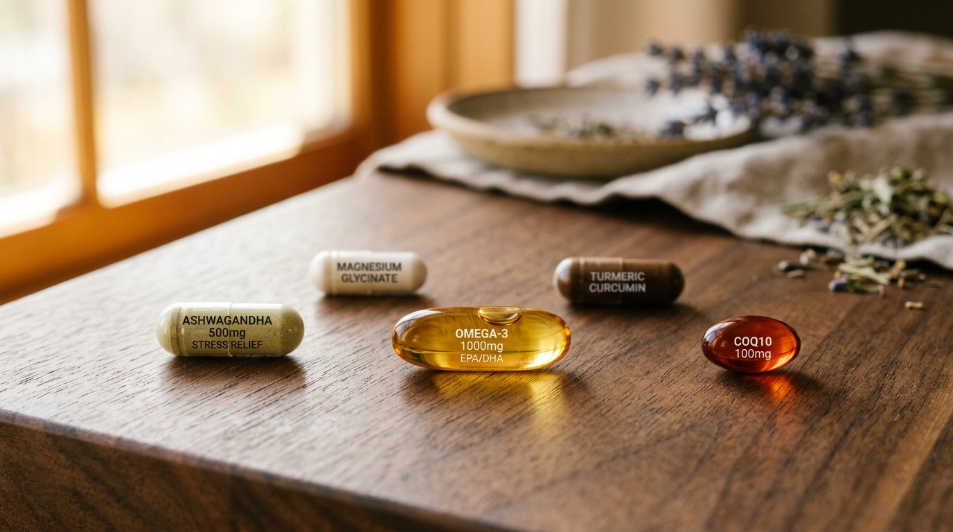 five key supplements for cellular health arranged naturally