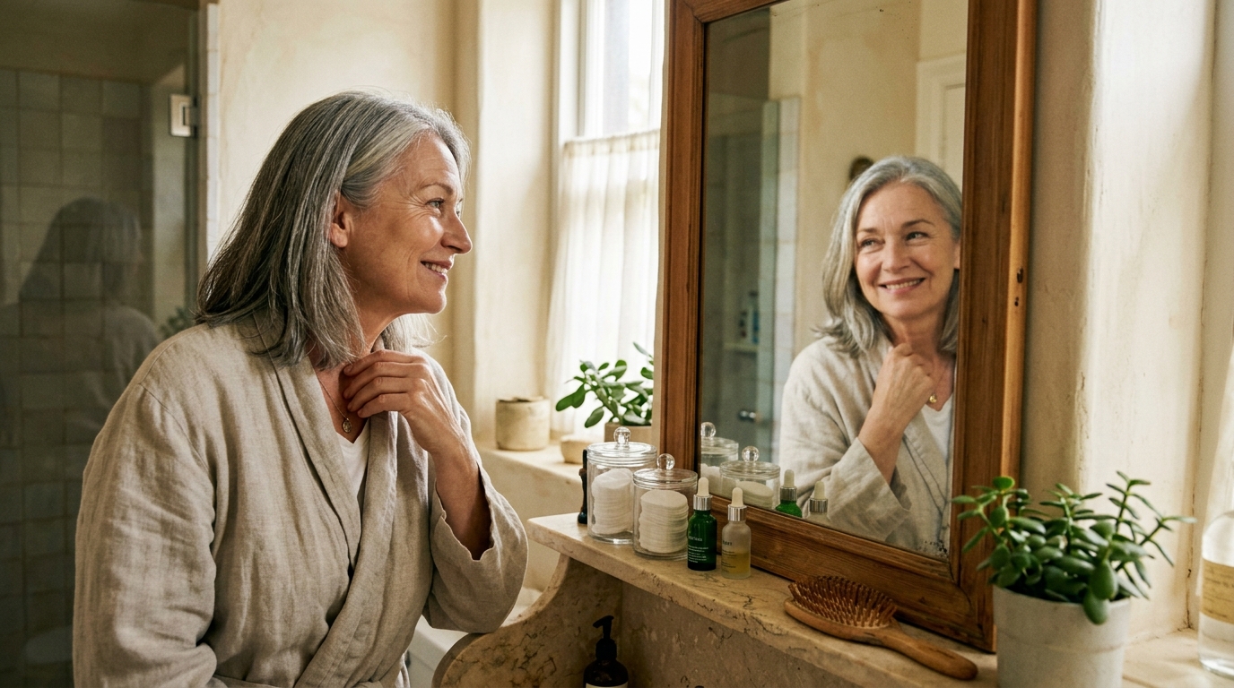 woman satisfied with reflection after finding solution