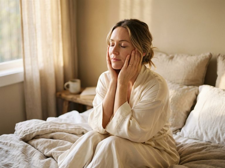 woman gently touching face morning light