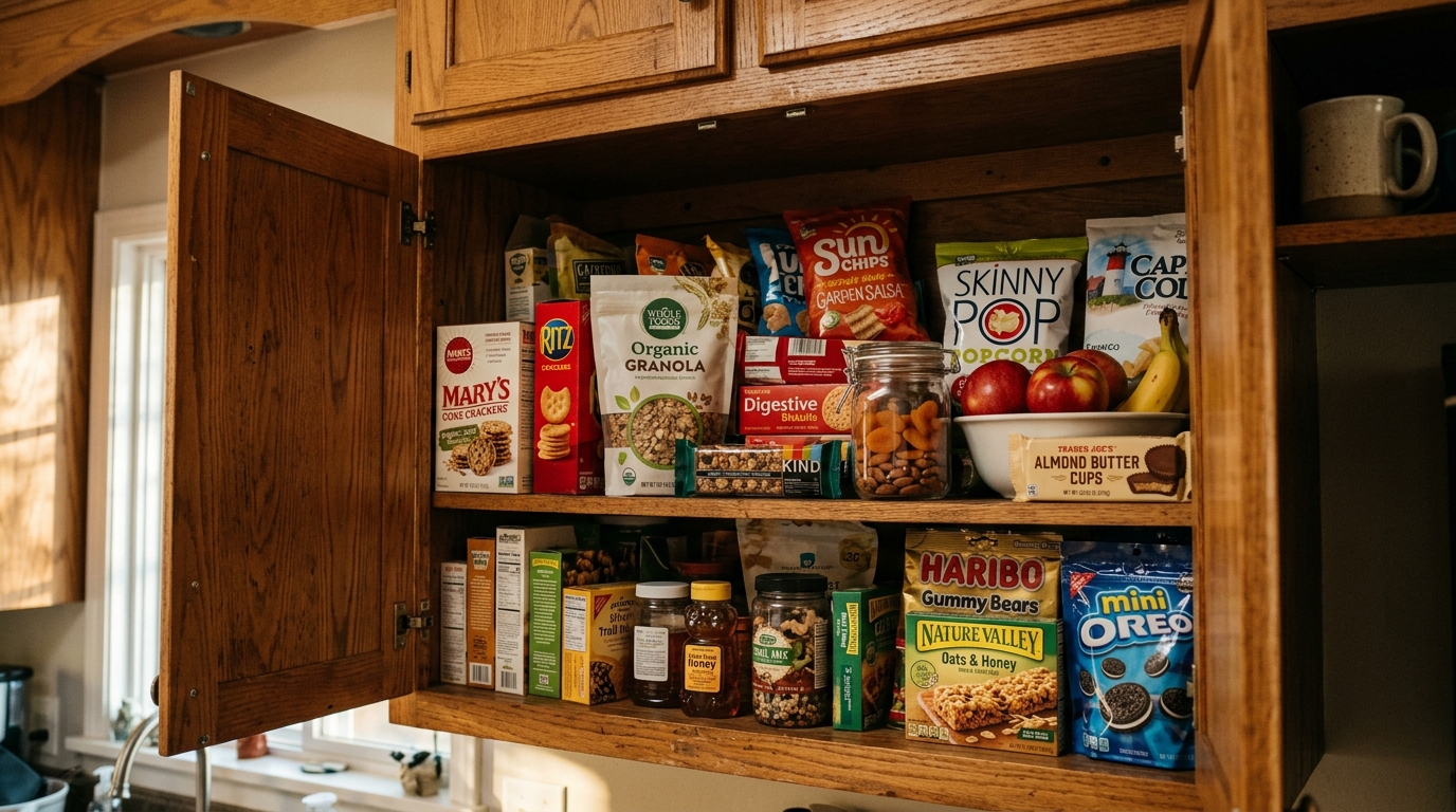 open kitchen cabinet revealing afternoon snack options