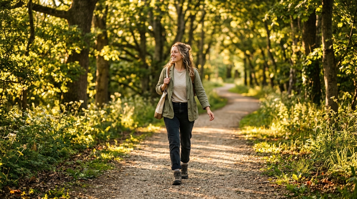 woman walking peacefully in golden afternoon light