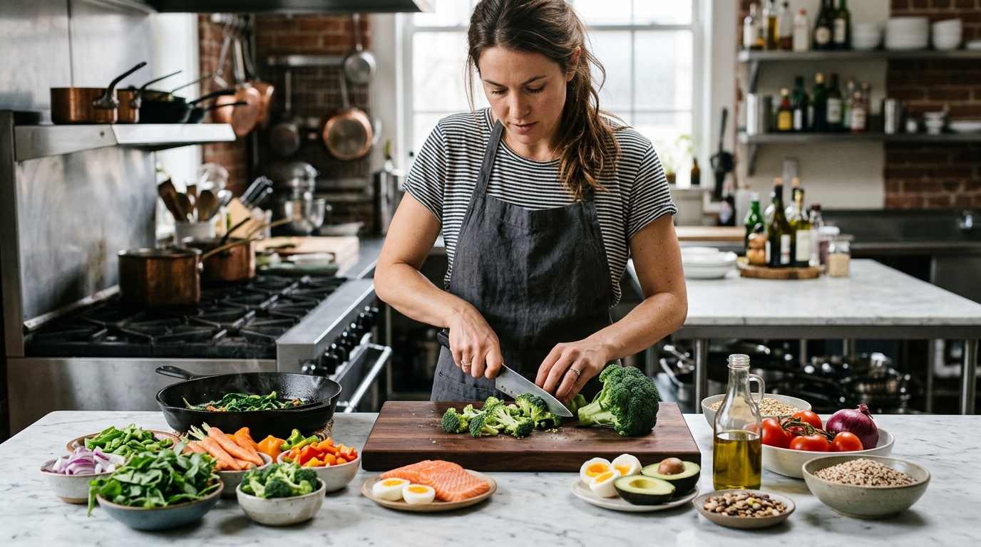 woman mindfully preparing balanced nutritious meal