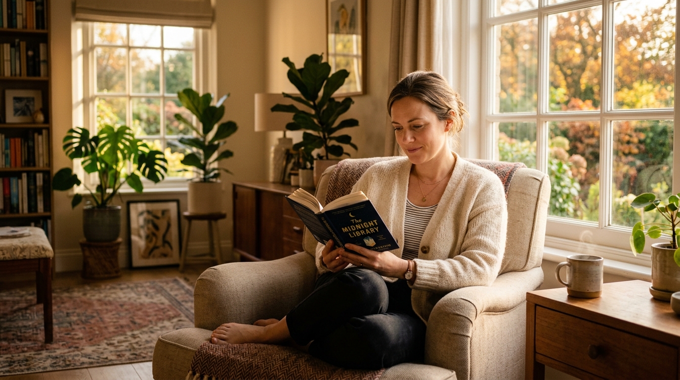 woman reading peacefully in afternoon sunlight