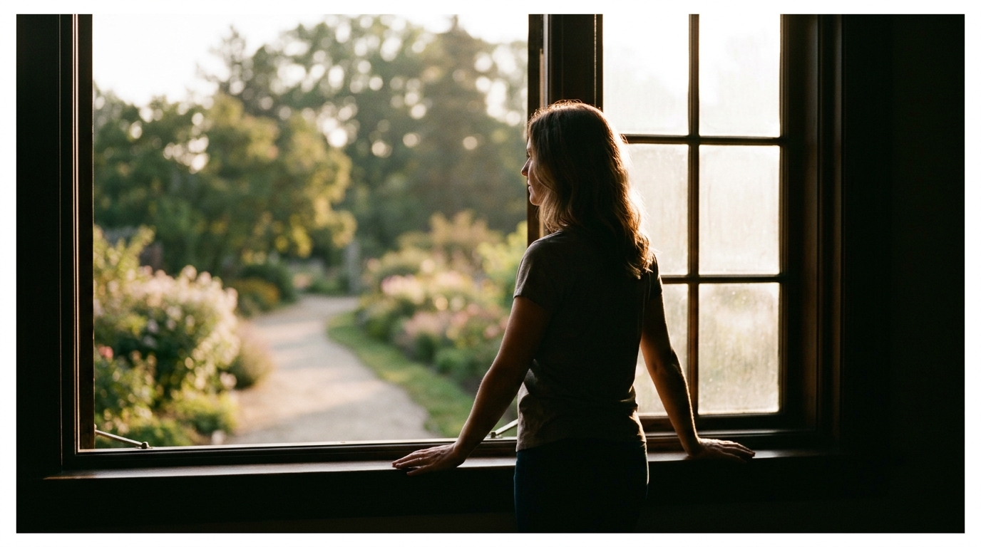 woman looking toward bright future at window