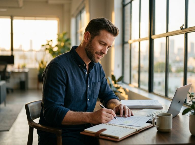 focused professional man at workspace during golden hour
