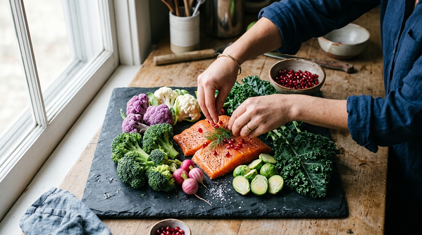 fresh vegetables and salmon arranged for healthy meal prep