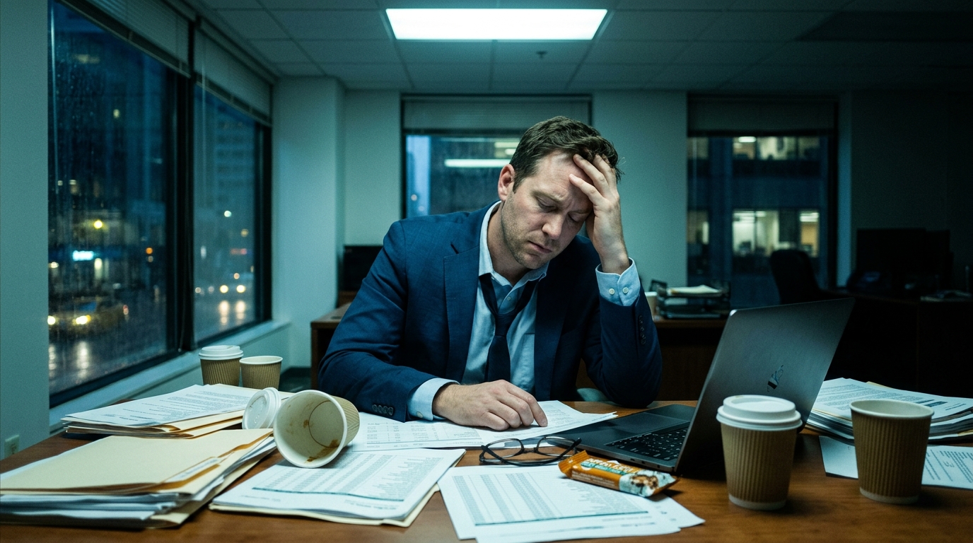 stressed businessman working late showing lifestyle fatigue