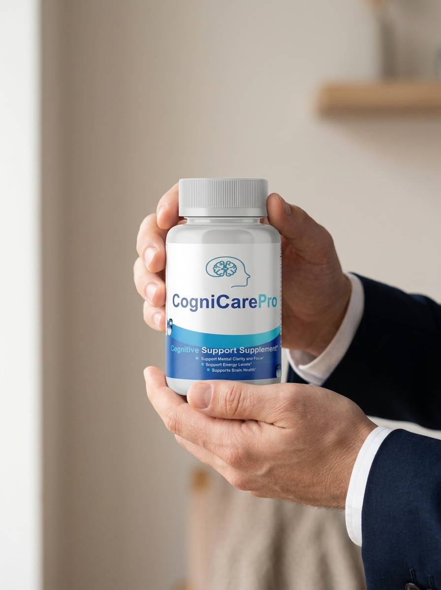 CogniCare Pro brain supplement bottle held confidently