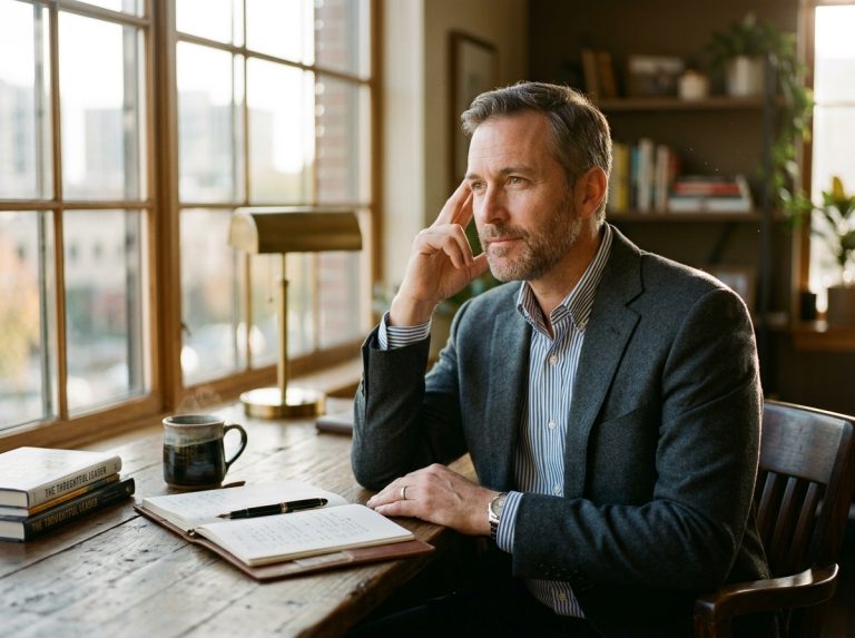 man contemplating at desk morning light