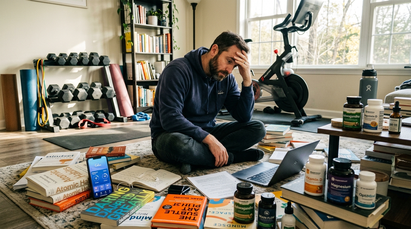 man surrounded by various wellness solutions looking overwhelmed