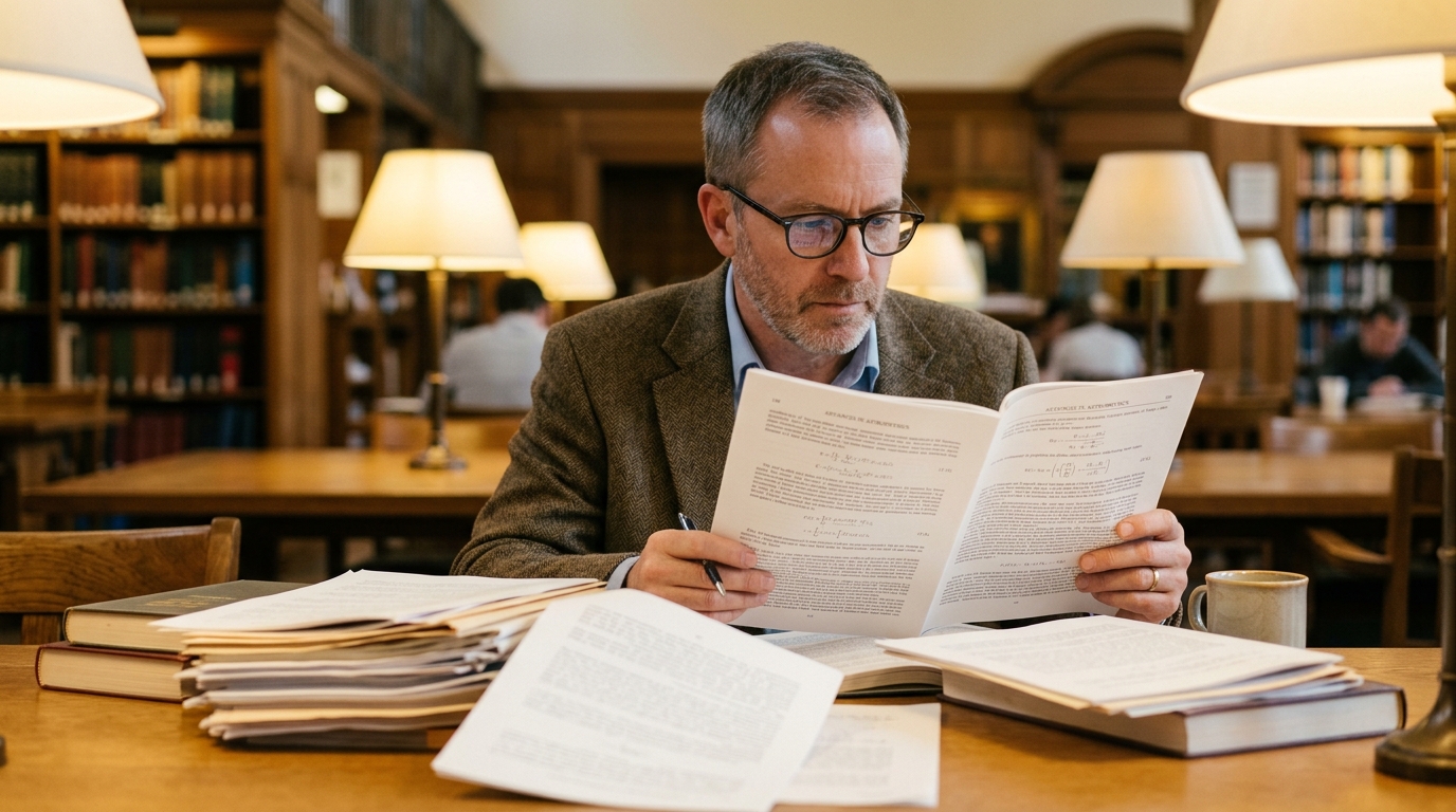 man studying scientific research papers library setting