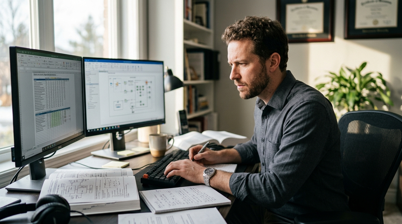 man engaged sustained concentration complex work tasks