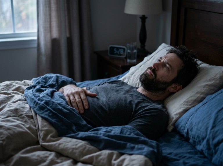 man awake at night with stomach discomfort