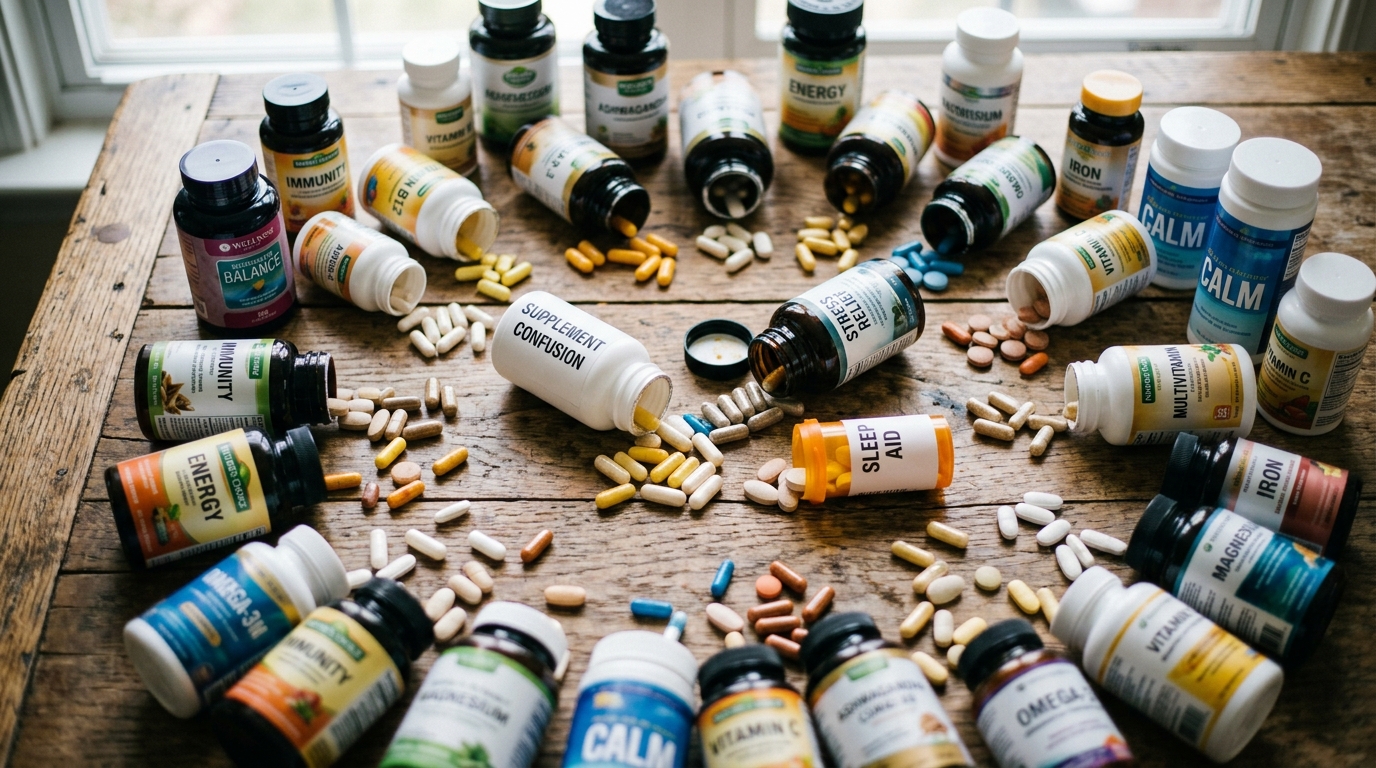 scattered supplement bottles showing fragmented approach