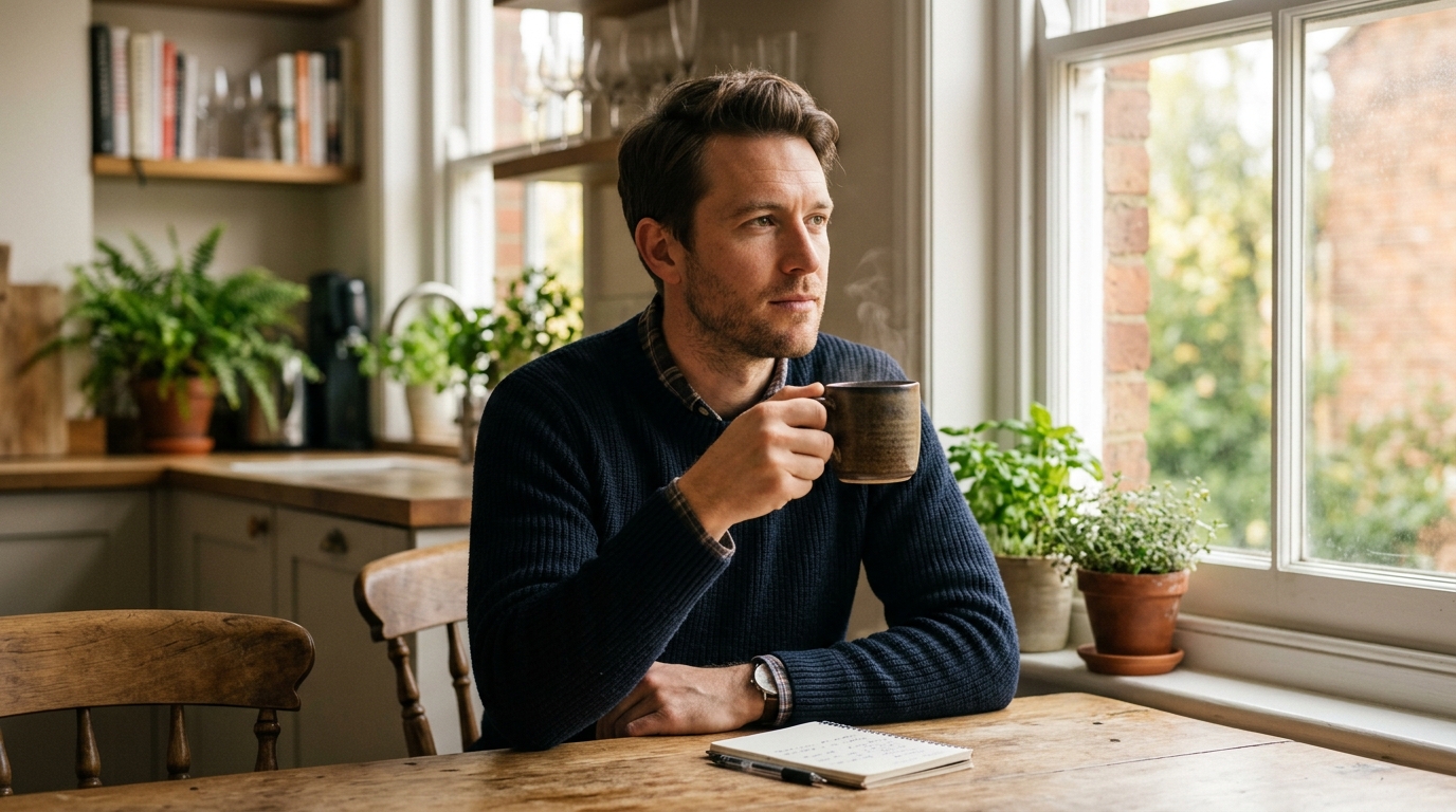 thoughtful man having morning realization about health
