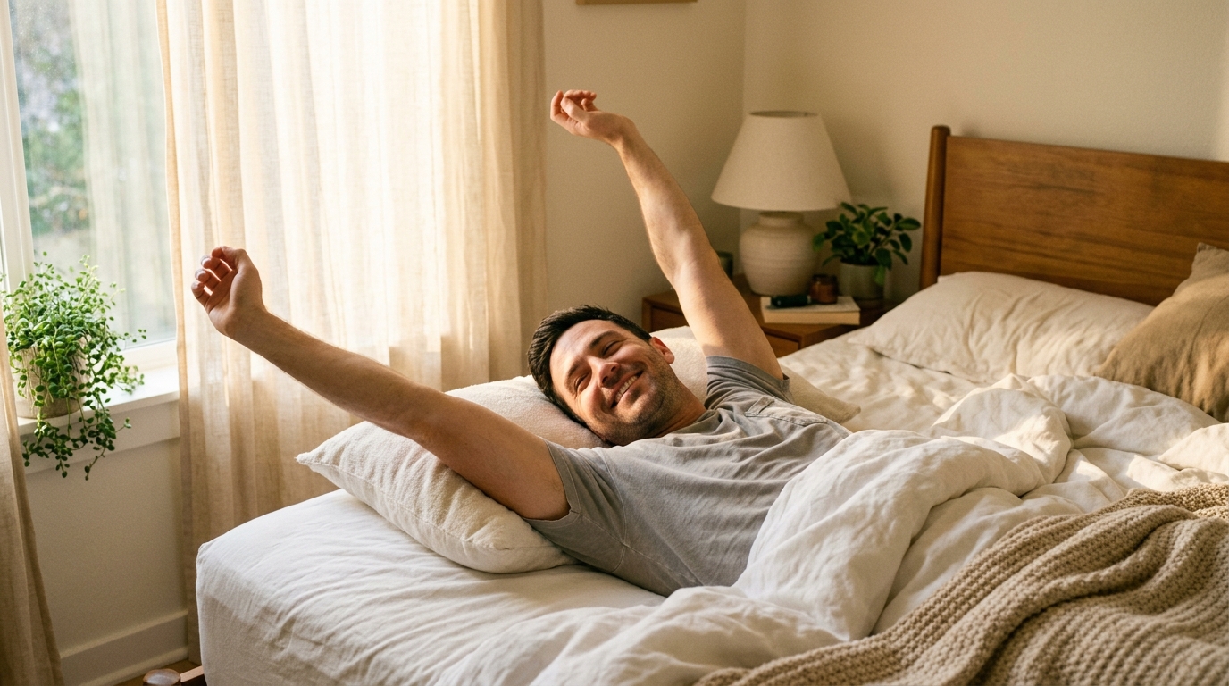 man waking up refreshed and energized