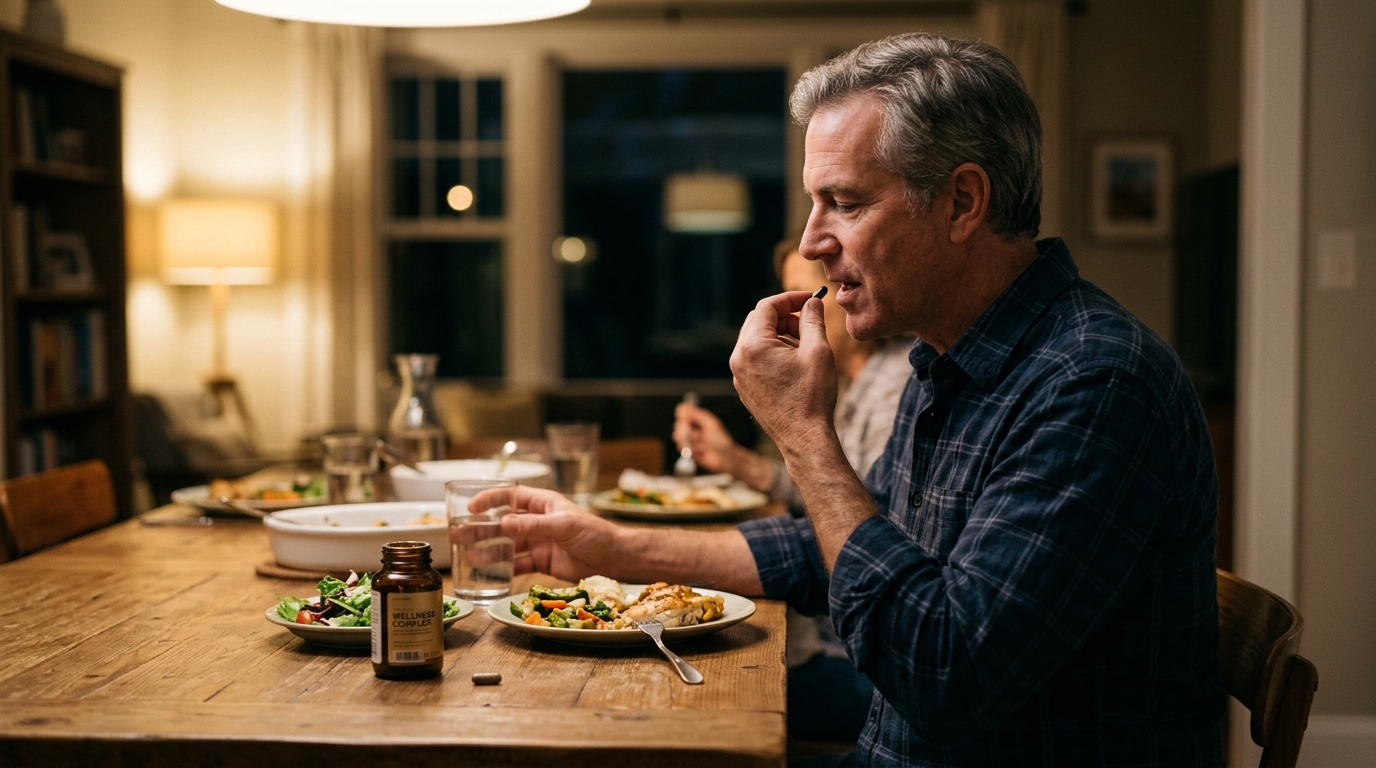 man taking supplement before evening meal