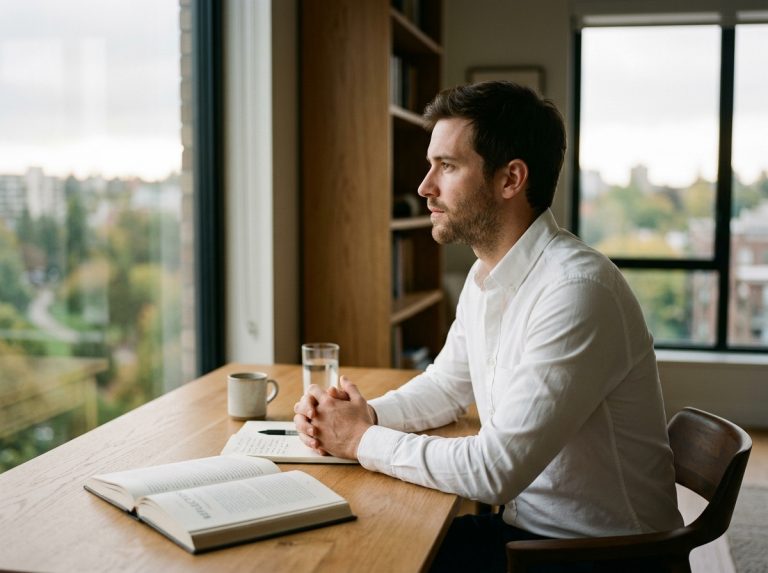 man contemplating at desk with morning light