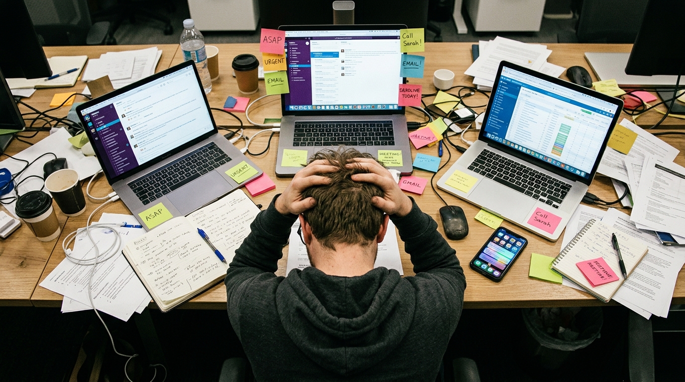 overwhelmed man at cluttered workspace with technology