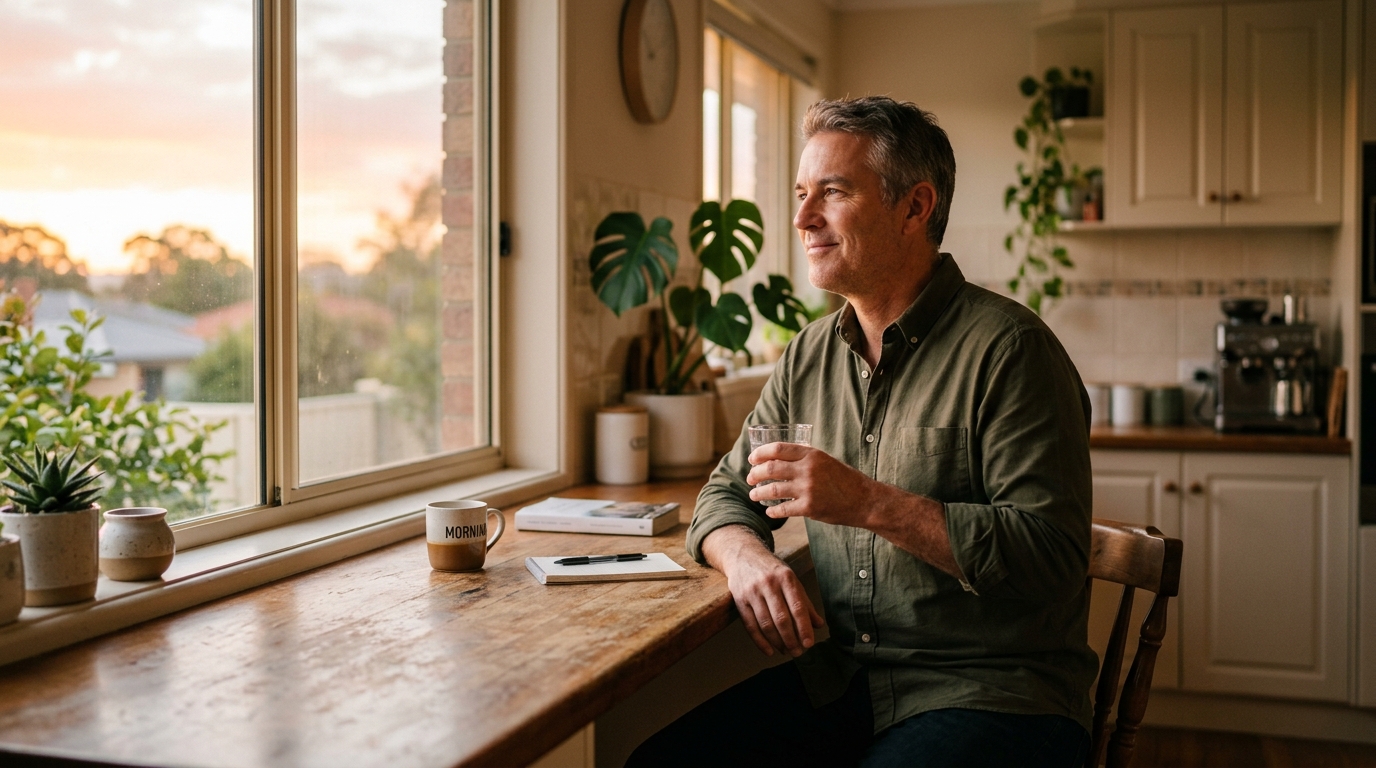 man in calm morning routine with sunrise light