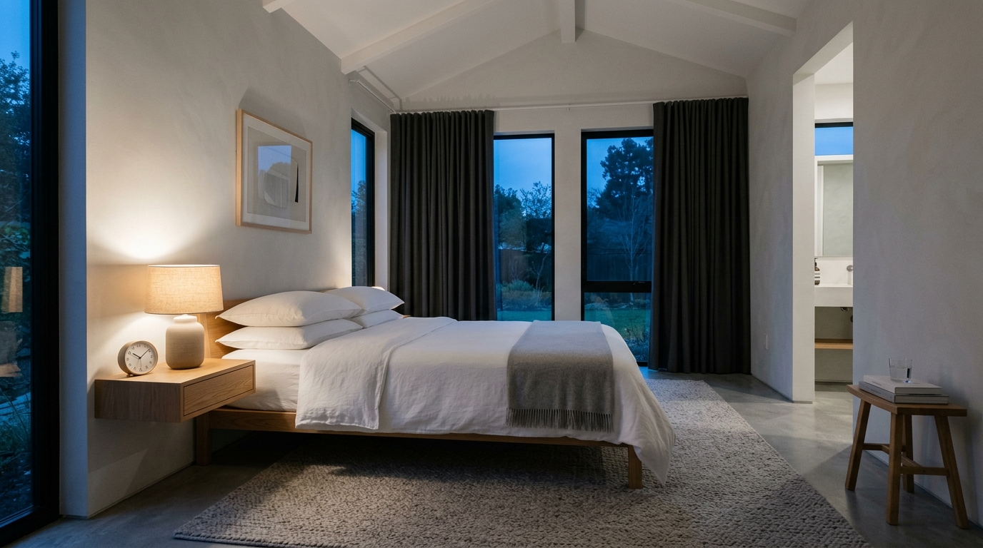 serene bedroom with blackout curtains and minimal decor
