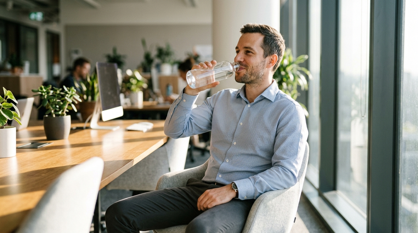 man drinking water in bright modern office