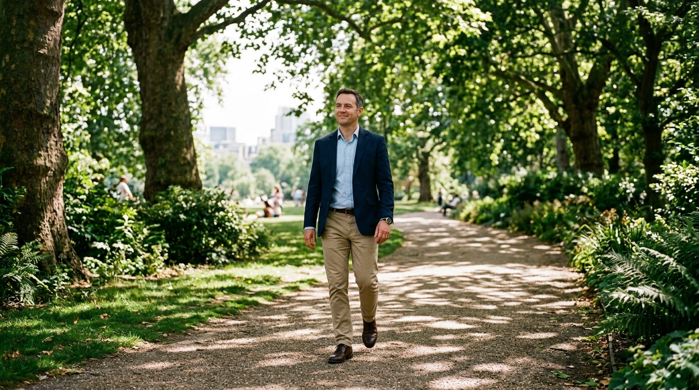 man walking peacefully on tree lined path